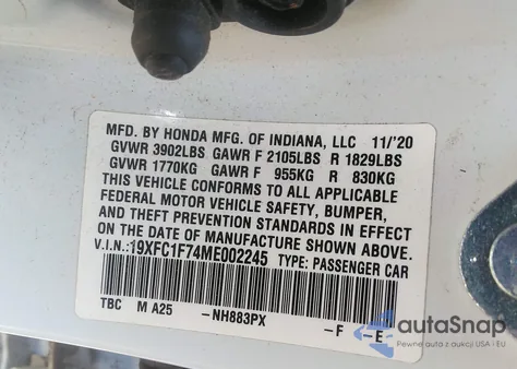 2021 Honda Civic Ex-L из США, поврежденный, VIN 19XFC1F74ME002245